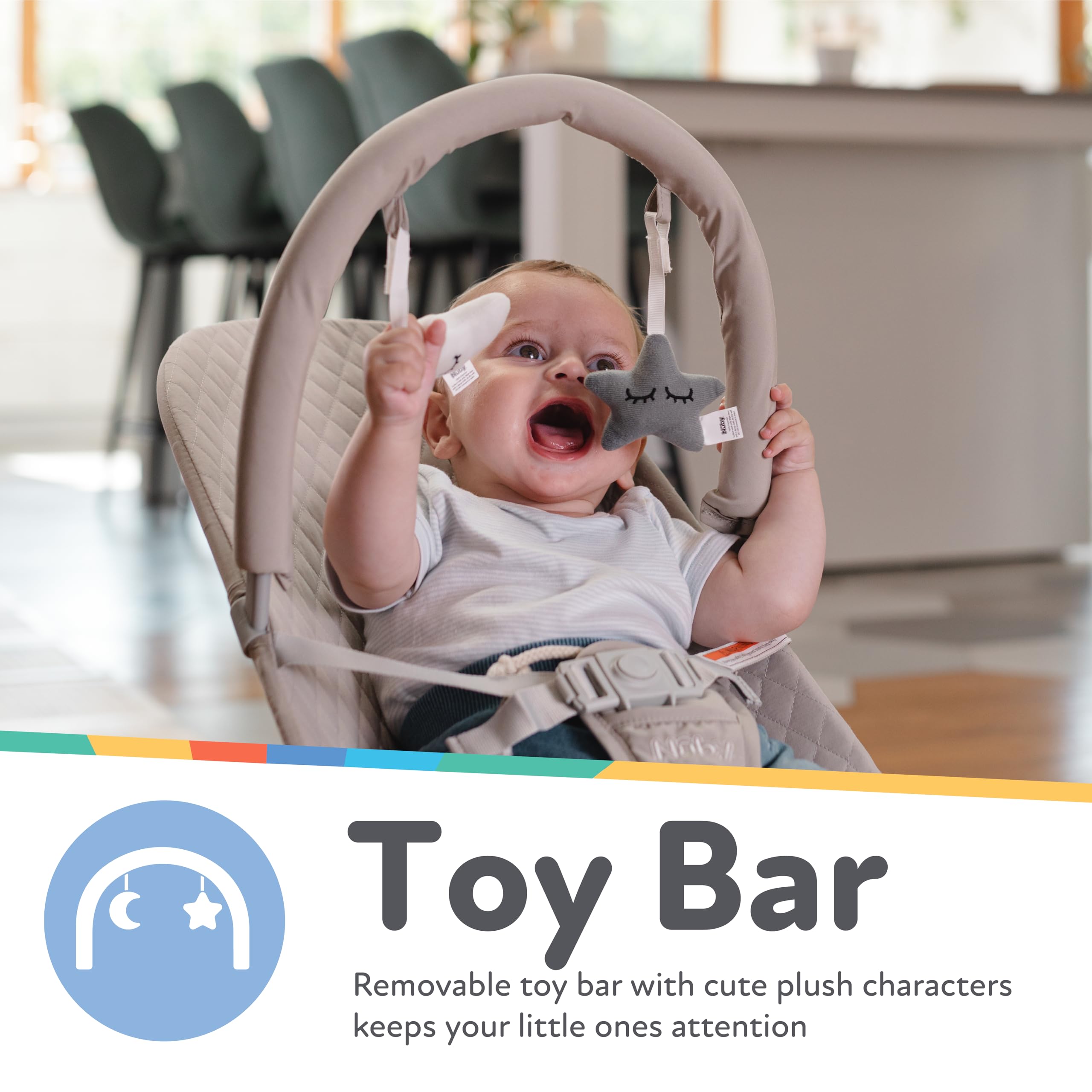 Nuby Baby Bouncer Seat - Portable Infant Bouncer with Music, Fun Sounds, and Soothing Vibrations - 0-6 Months - Beige - Image 3
