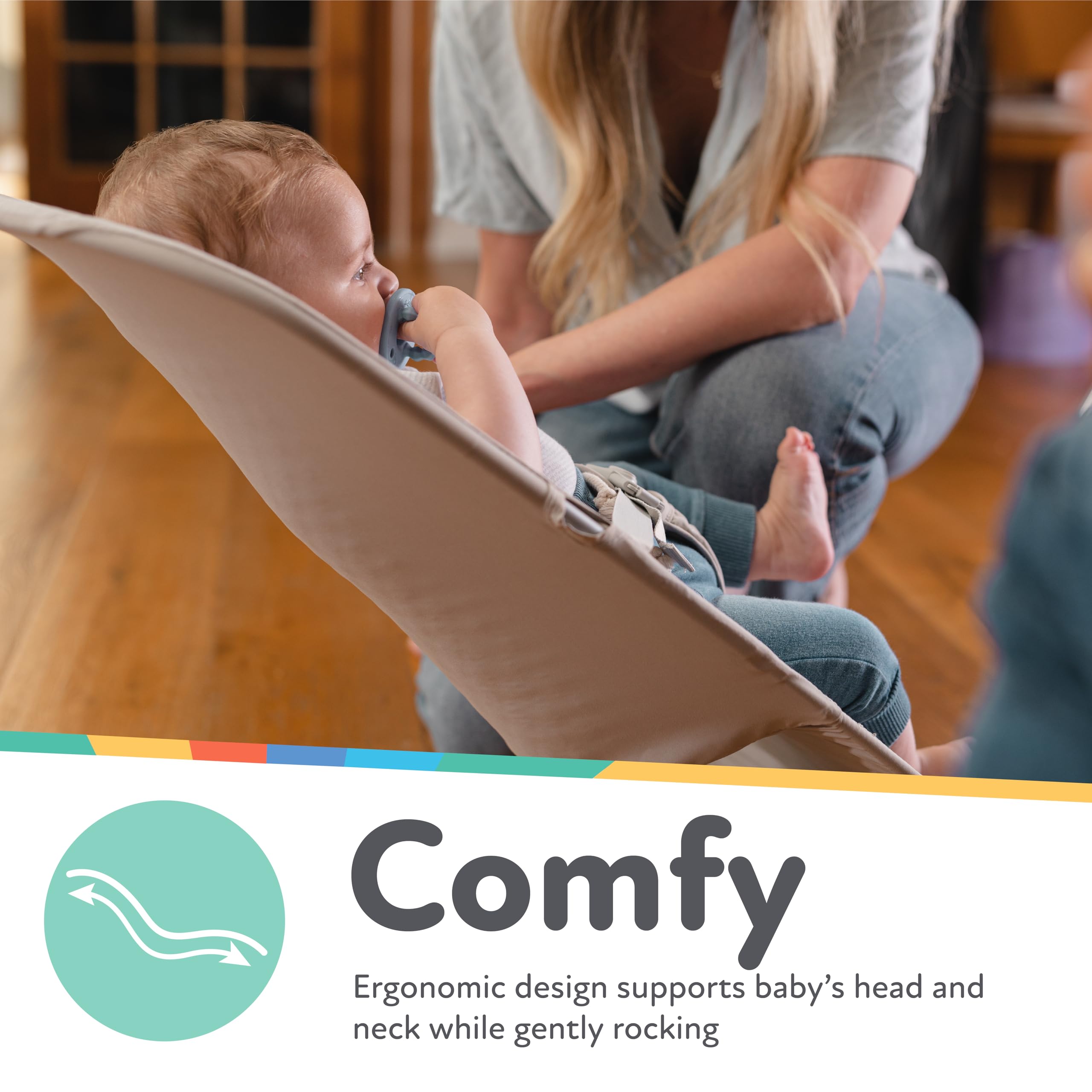 Nuby Baby Bouncer Seat - Portable Infant Bouncer with Music, Fun Sounds, and Soothing Vibrations - 0-6 Months - Beige - Image 4