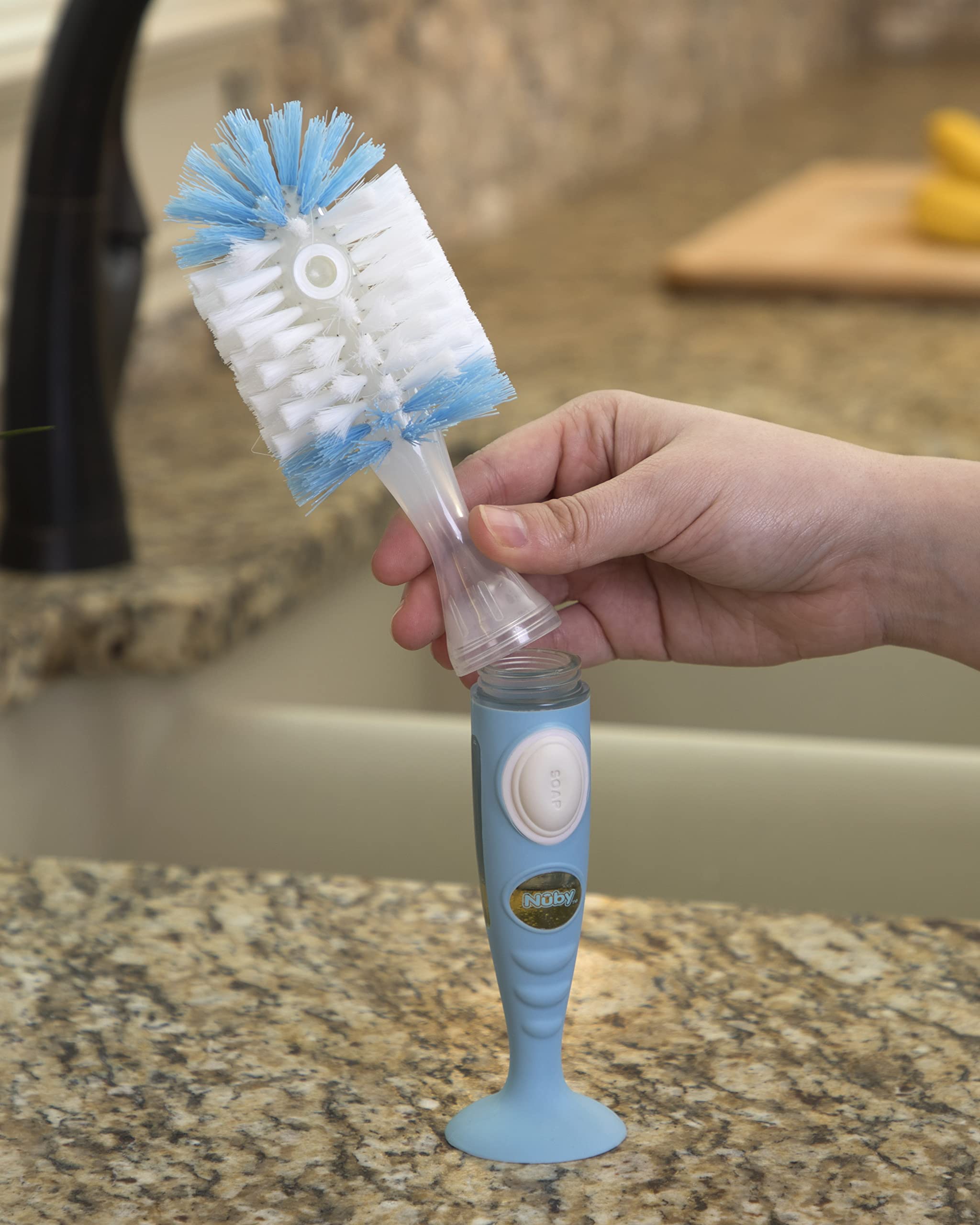 Nuby Easy Clean Dispensing Soft and Durable Bristle Bottle Brush with Textured Handles and Suction Base, 2 in 1 System, Blue - Image 4